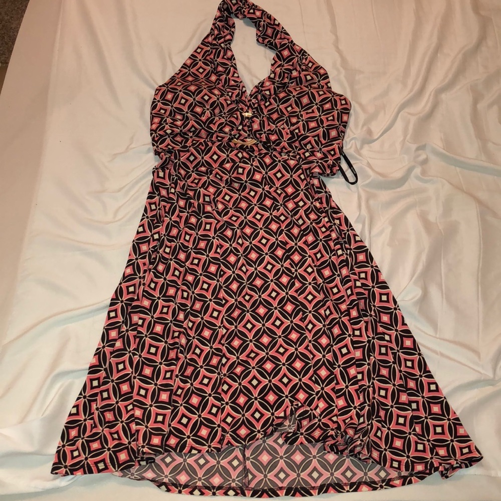 Pink and brown halter top knee length formal dress